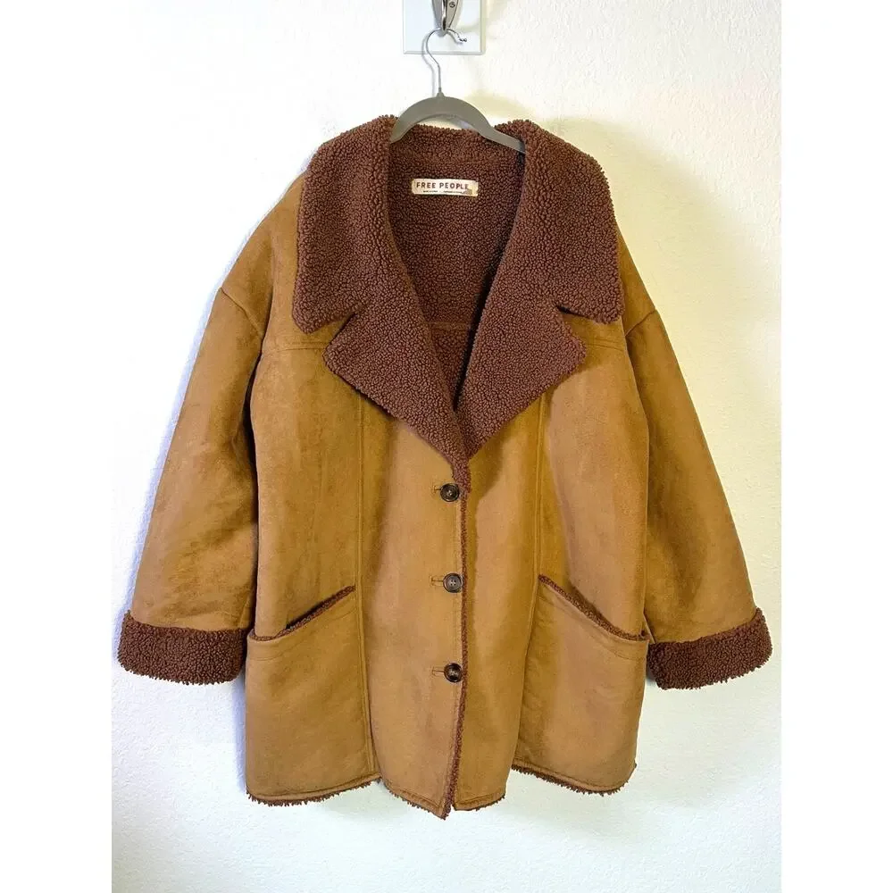 Free People Western Bohemian Retro 70s Faux Sherpa Suede Diogo Coat Size XL